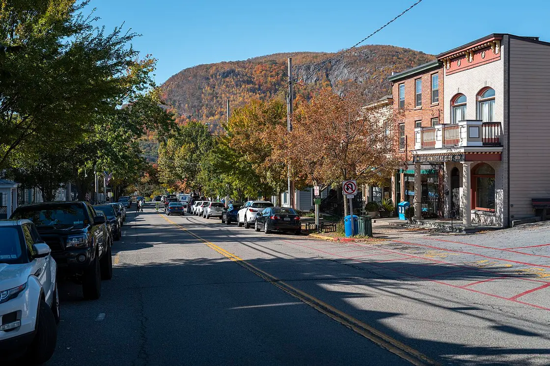 Main Street in the riverside village of Cold Spring, New York, with mountains behind