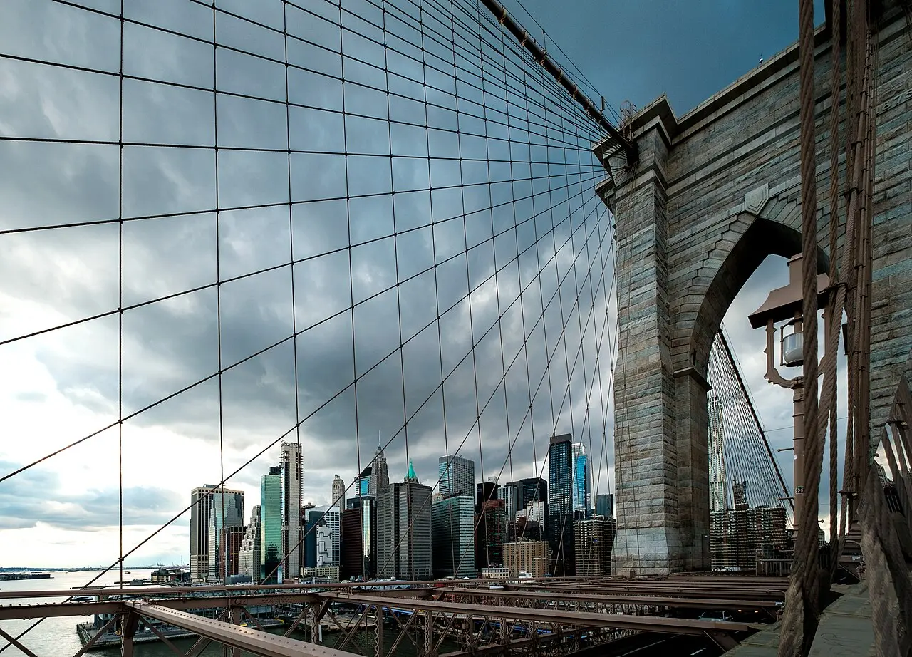 The Brooklyn Bridge with the Lower Manhattan skyline behind it