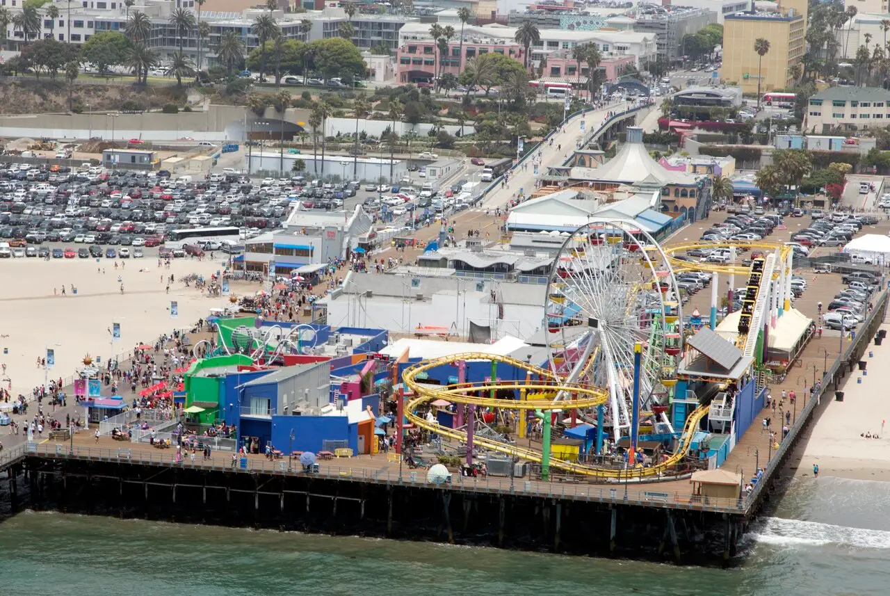 Aerial view of the Santa Monica Pier and beach in Los Angeles