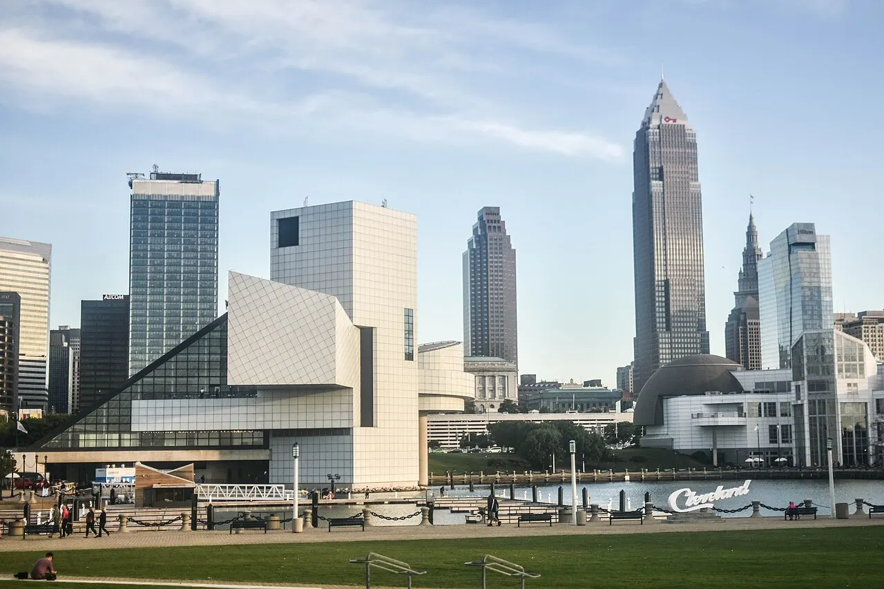 Downtown Cleveland skyline with the Rock and Roll Hall of Fame in the foreground along the Lake Erie waterfront
