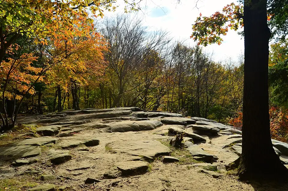 Weathered sandstone ledges and rock formations along a trail in Cuyahoga Valley National Park