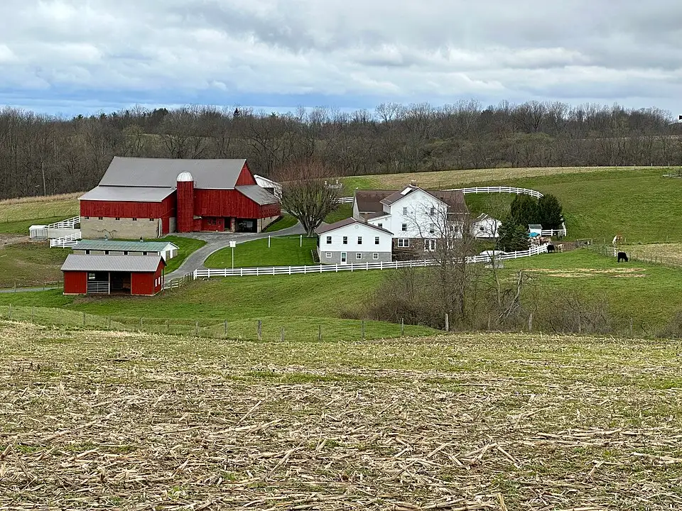 A red barn and white farmhouse surrounded by fenced pastures on an Amish farm in Holmes County, Ohio