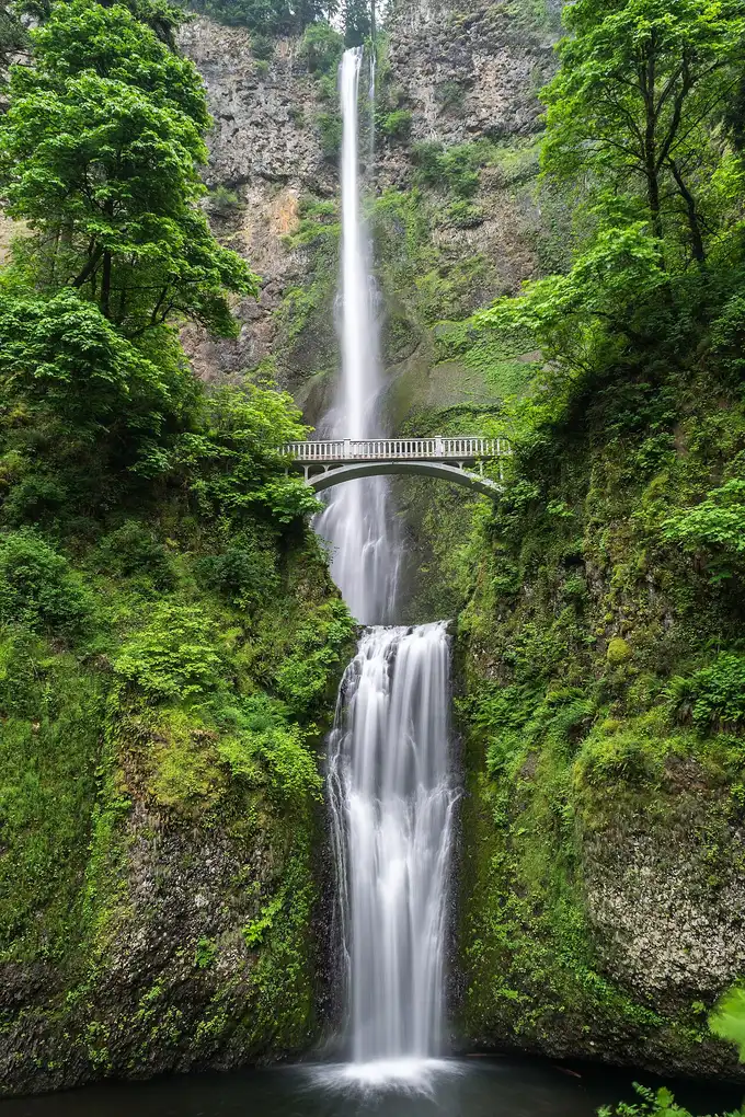 Multnomah Falls dropping in two tiers with the arched Benson Bridge crossing between them