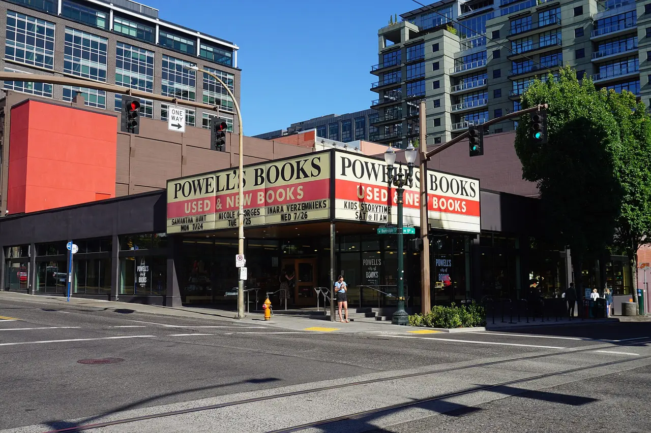 The corner entrance of Powell's Books in downtown Portland with its marquee signs
