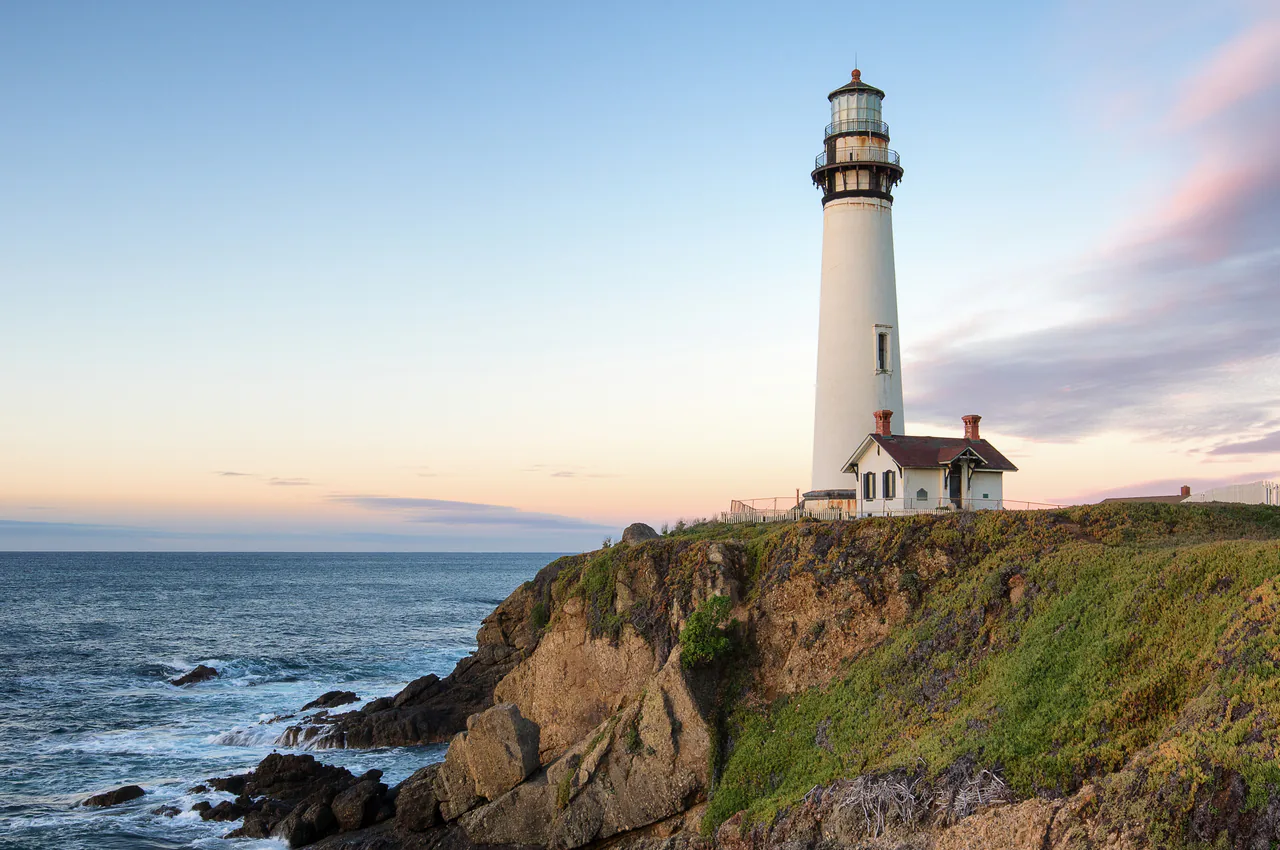 The white tower of Pigeon Point Lighthouse on the California coast