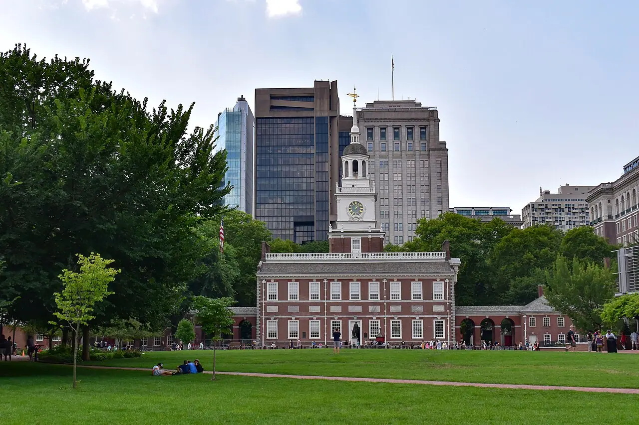 Independence Hall in Philadelphia seen from Chestnut Street with its brick facade and clock tower