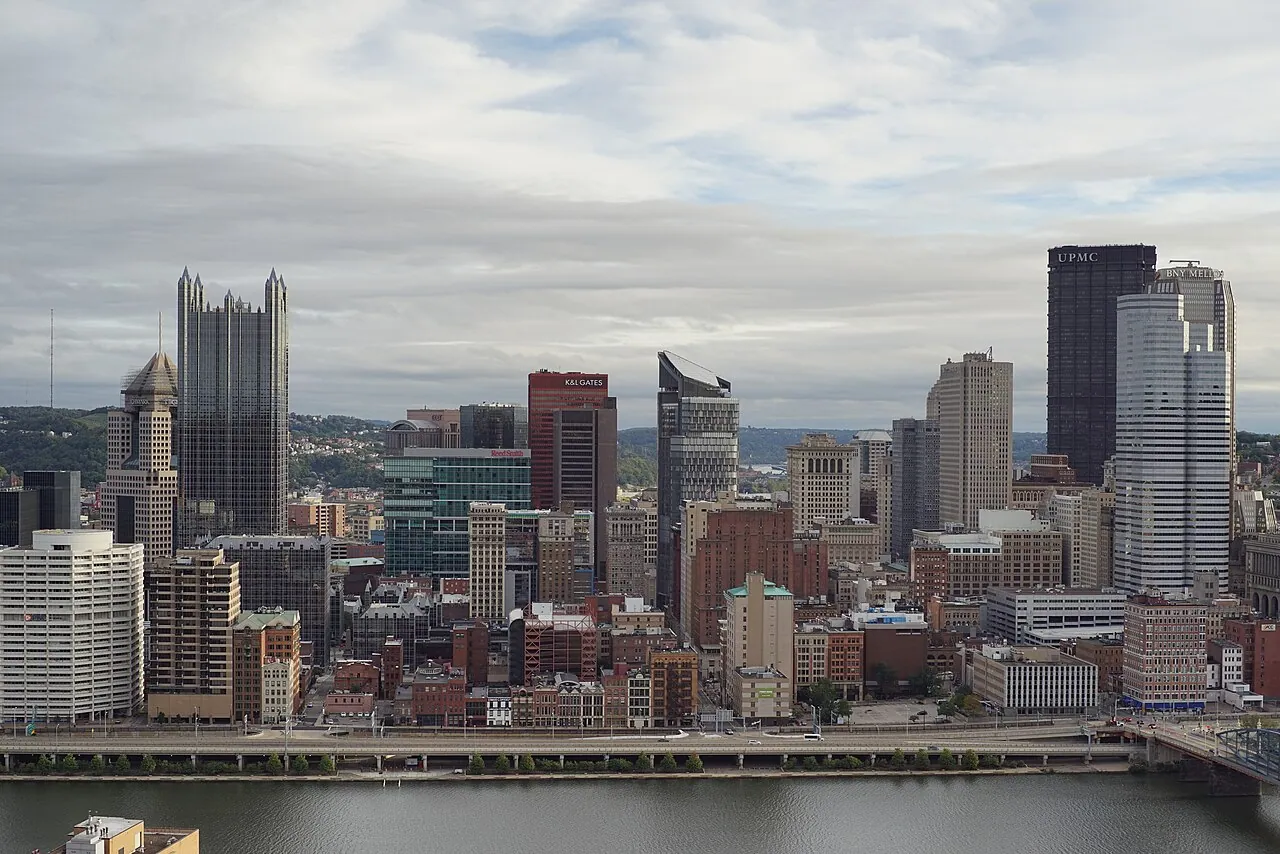 Downtown Pittsburgh and its three rivers seen from Mount Washington at dusk