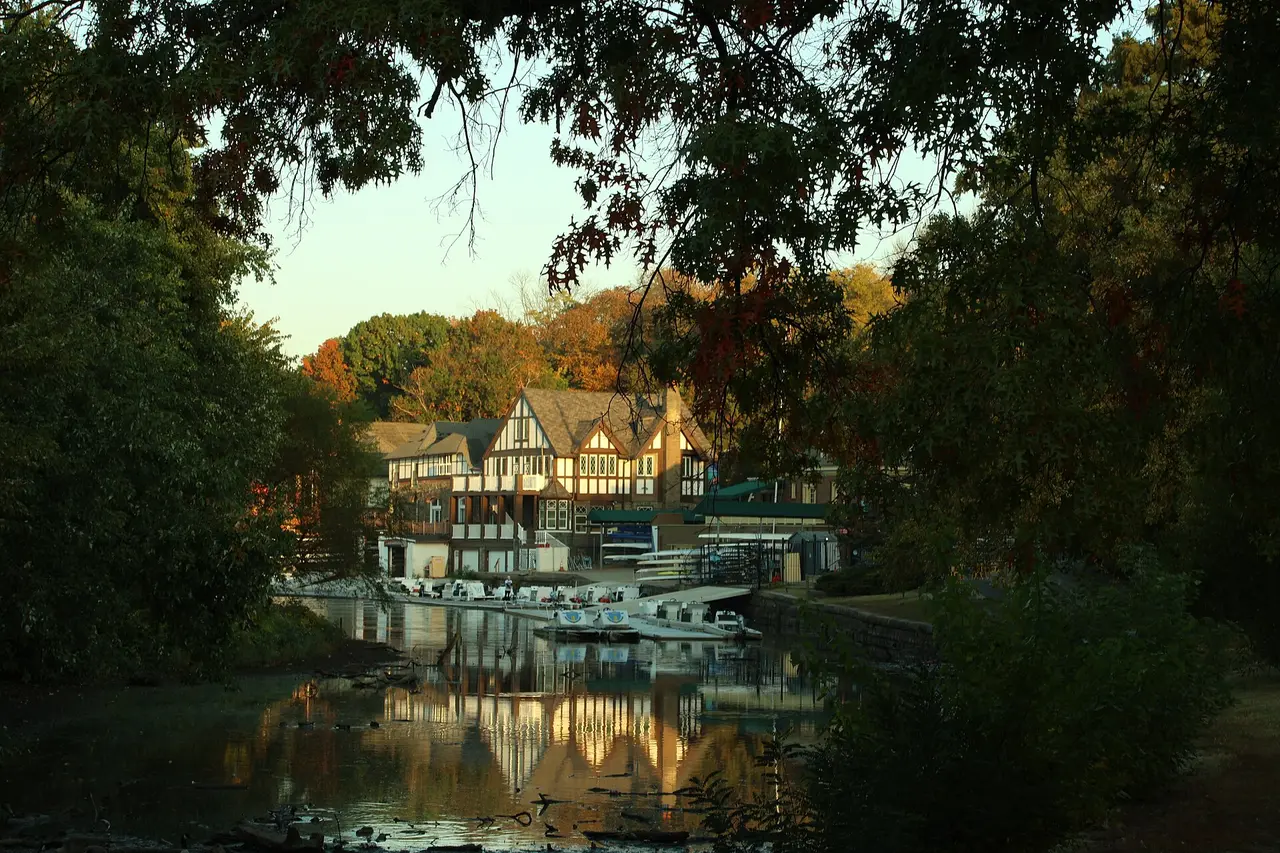 The Victorian boathouses of Boathouse Row reflected in the Schuylkill River in Philadelphia