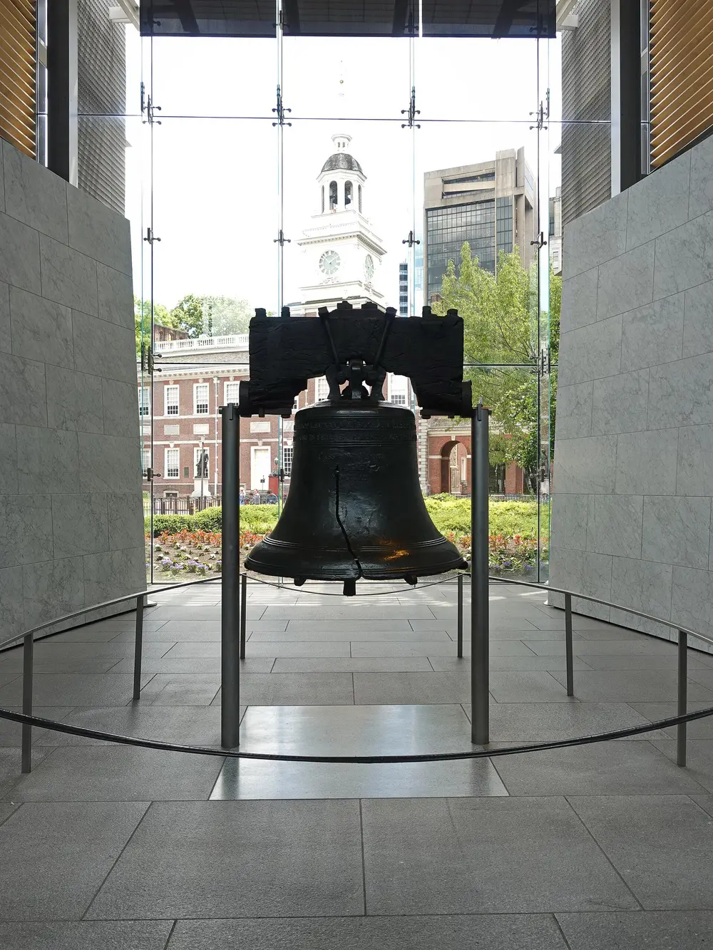 The cracked Liberty Bell on display inside the Liberty Bell Center in Philadelphia
