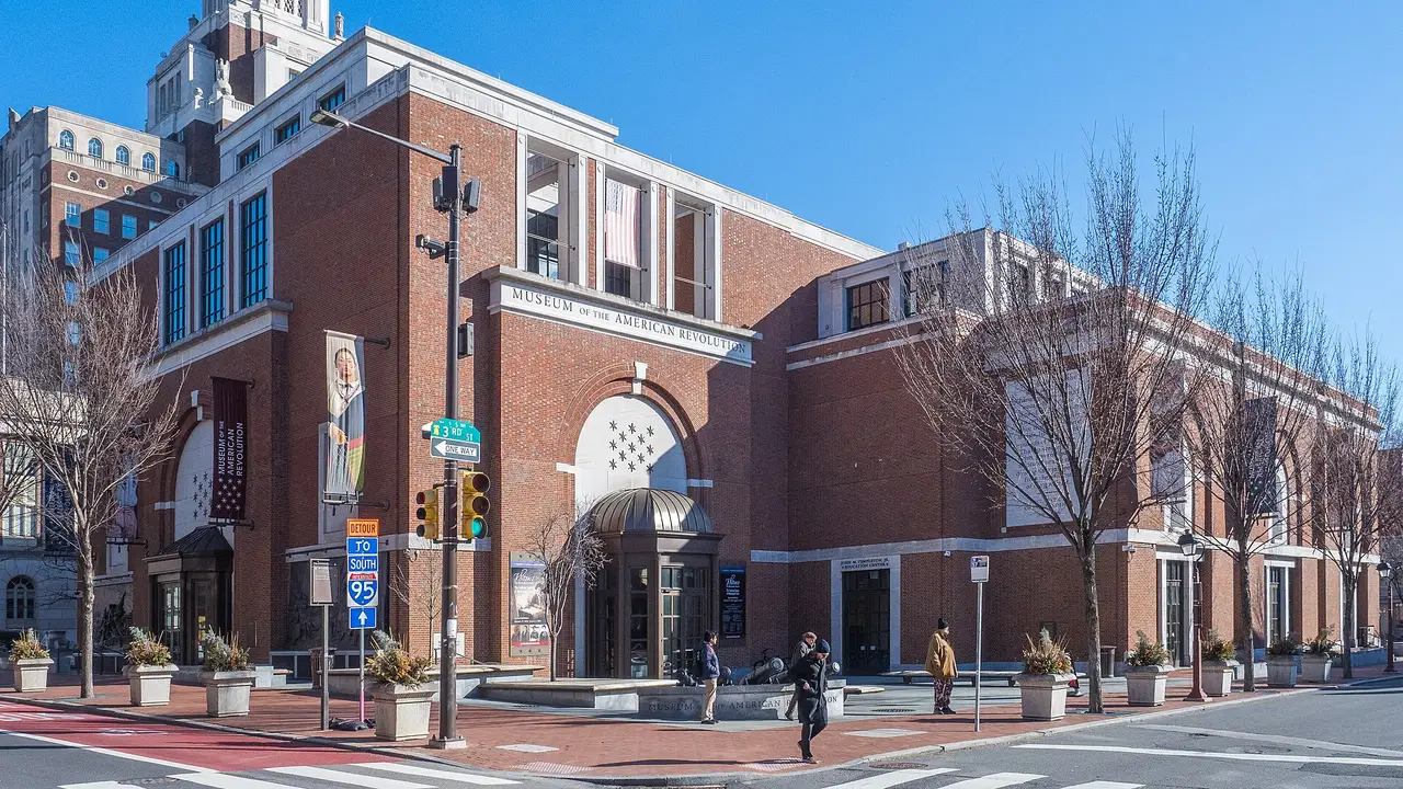 The brick and limestone exterior of the Museum of the American Revolution in Old City Philadelphia