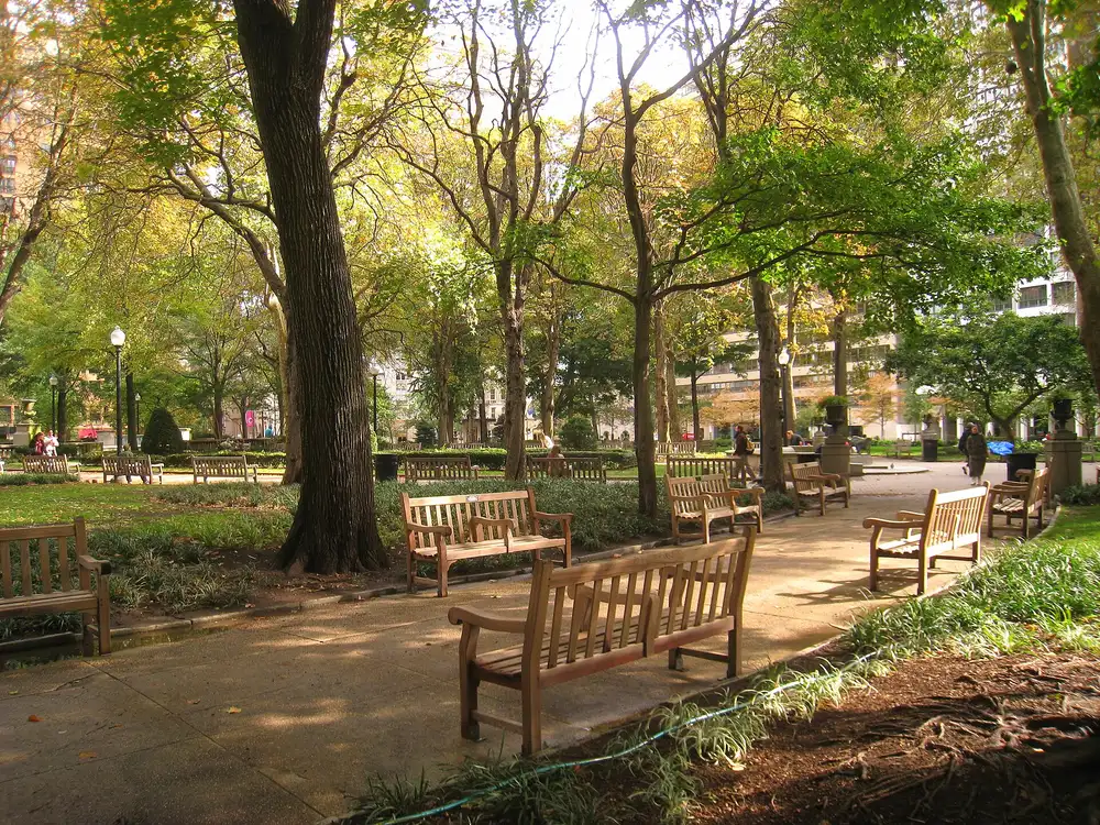 Benches and trees in Rittenhouse Square park in Center City Philadelphia