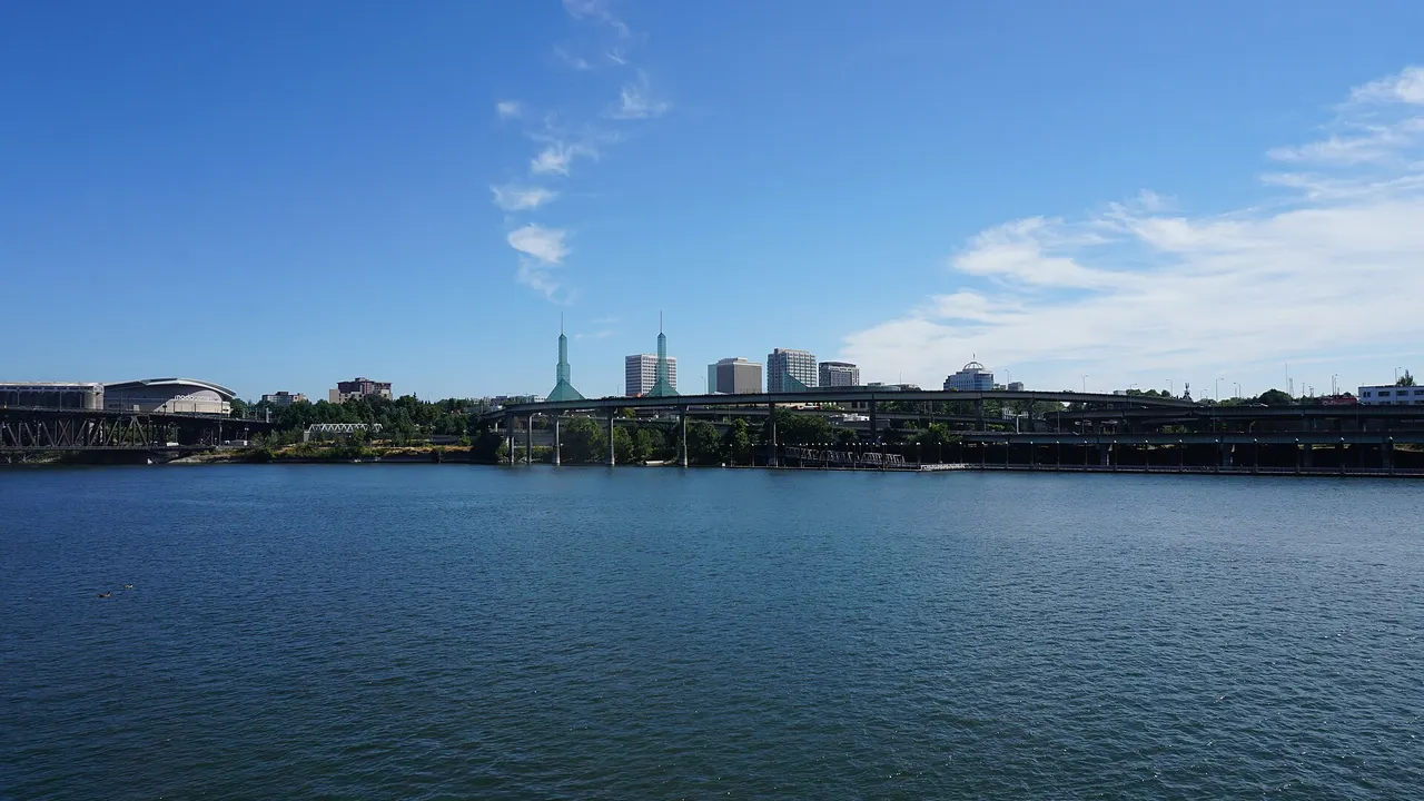 Downtown Portland skyline across the Willamette River on a clear day