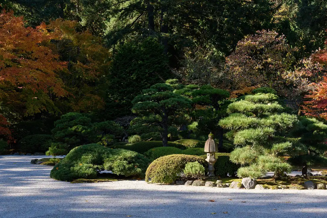 A wooden bridge over a pond in the Portland Japanese Garden
