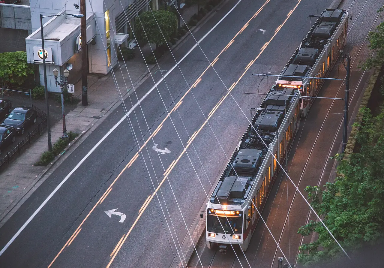 A TriMet MAX light rail train in Portland, Oregon