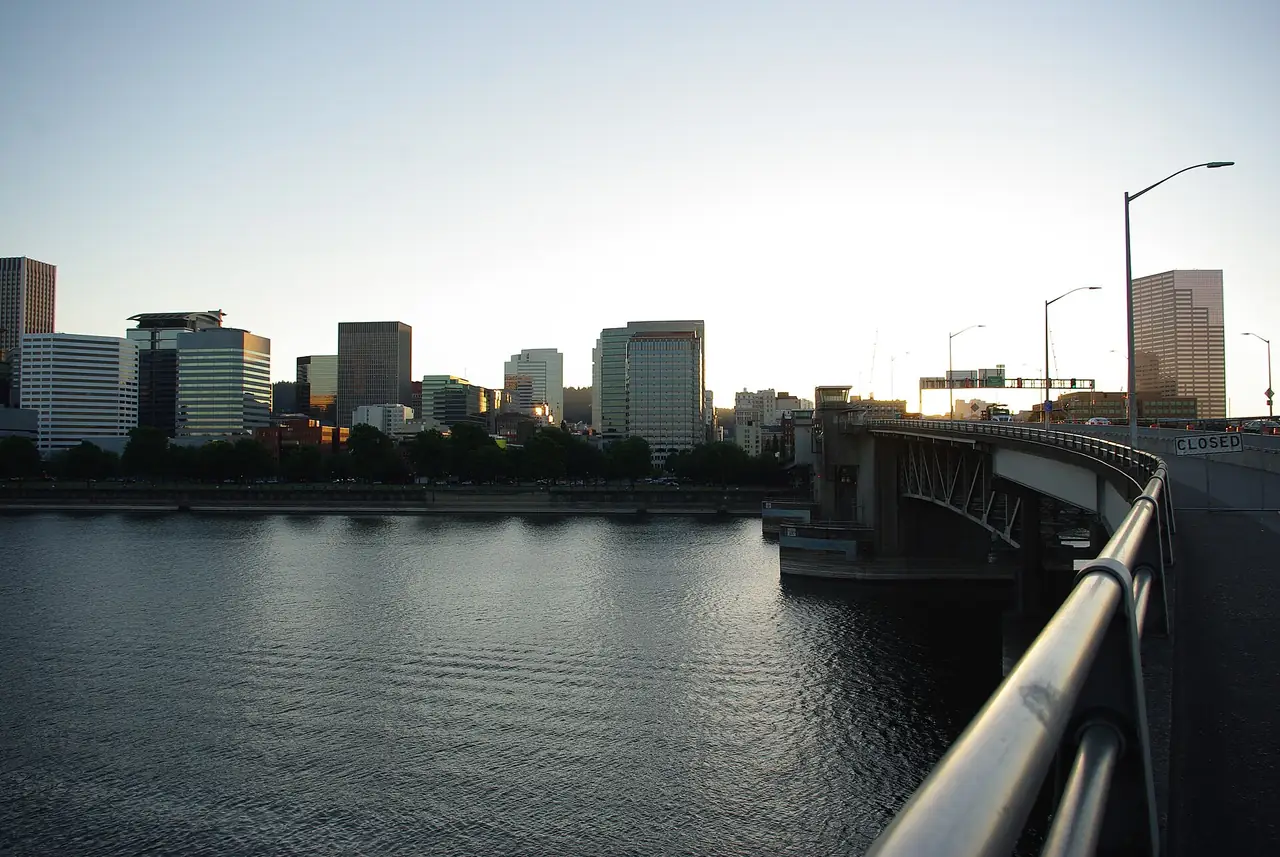 Portland skyline and the Morrison Bridge over the Willamette River