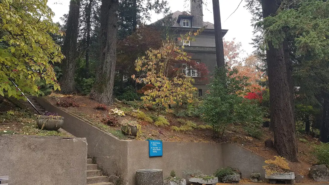 The stone facade of Pittock Mansion in the west hills of Portland