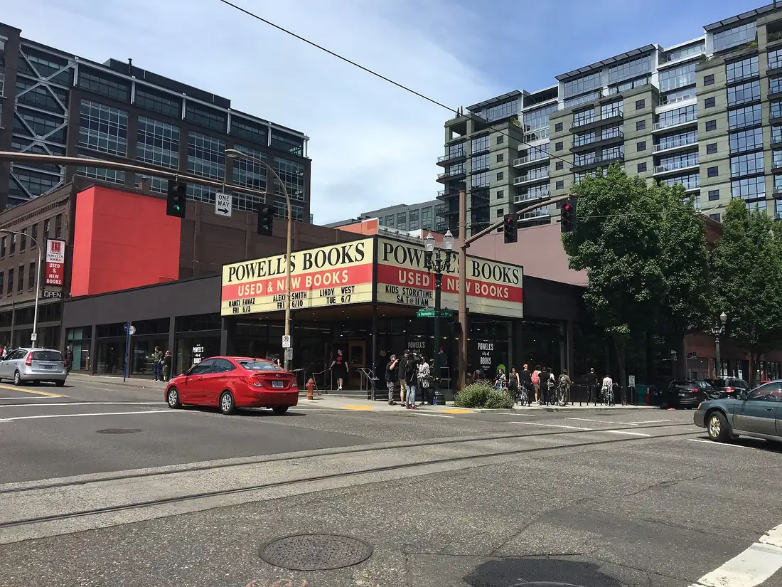 The corner of Powell's City of Books on Burnside in downtown Portland
