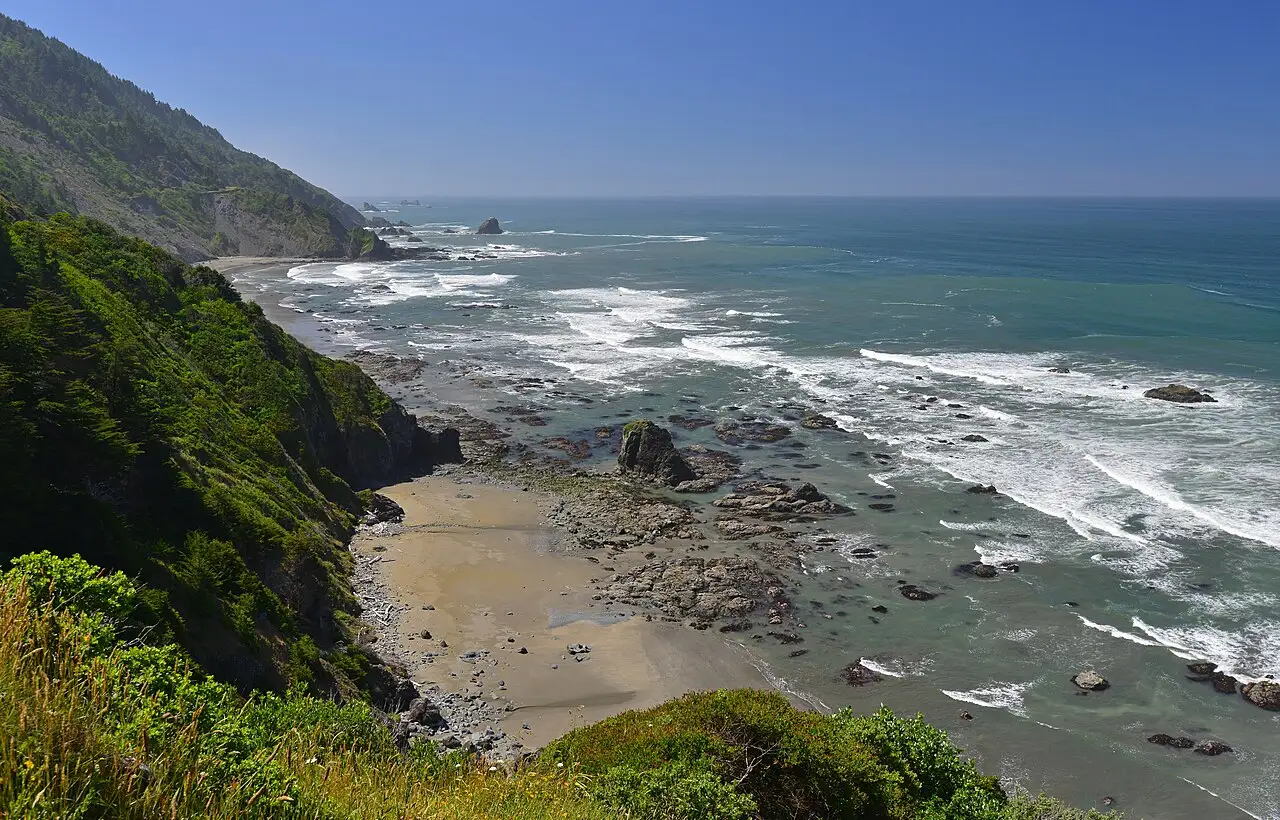 A wide sandy beach and coastline seen from Crescent Beach Overlook in Redwood National Park