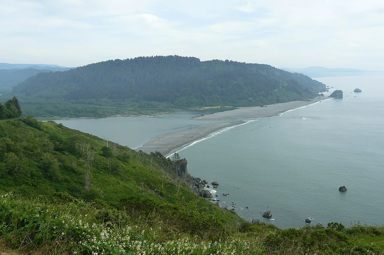 A wide river valley seen from the Klamath River Overlook near Redwood National Park