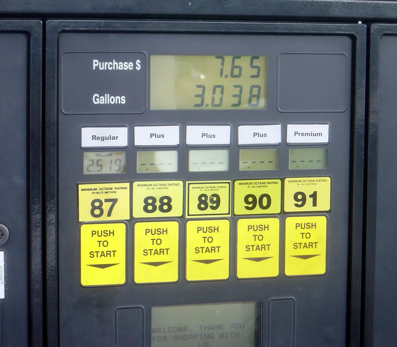 A US gas pump showing five octane grade buttons including 87 regular unleaded