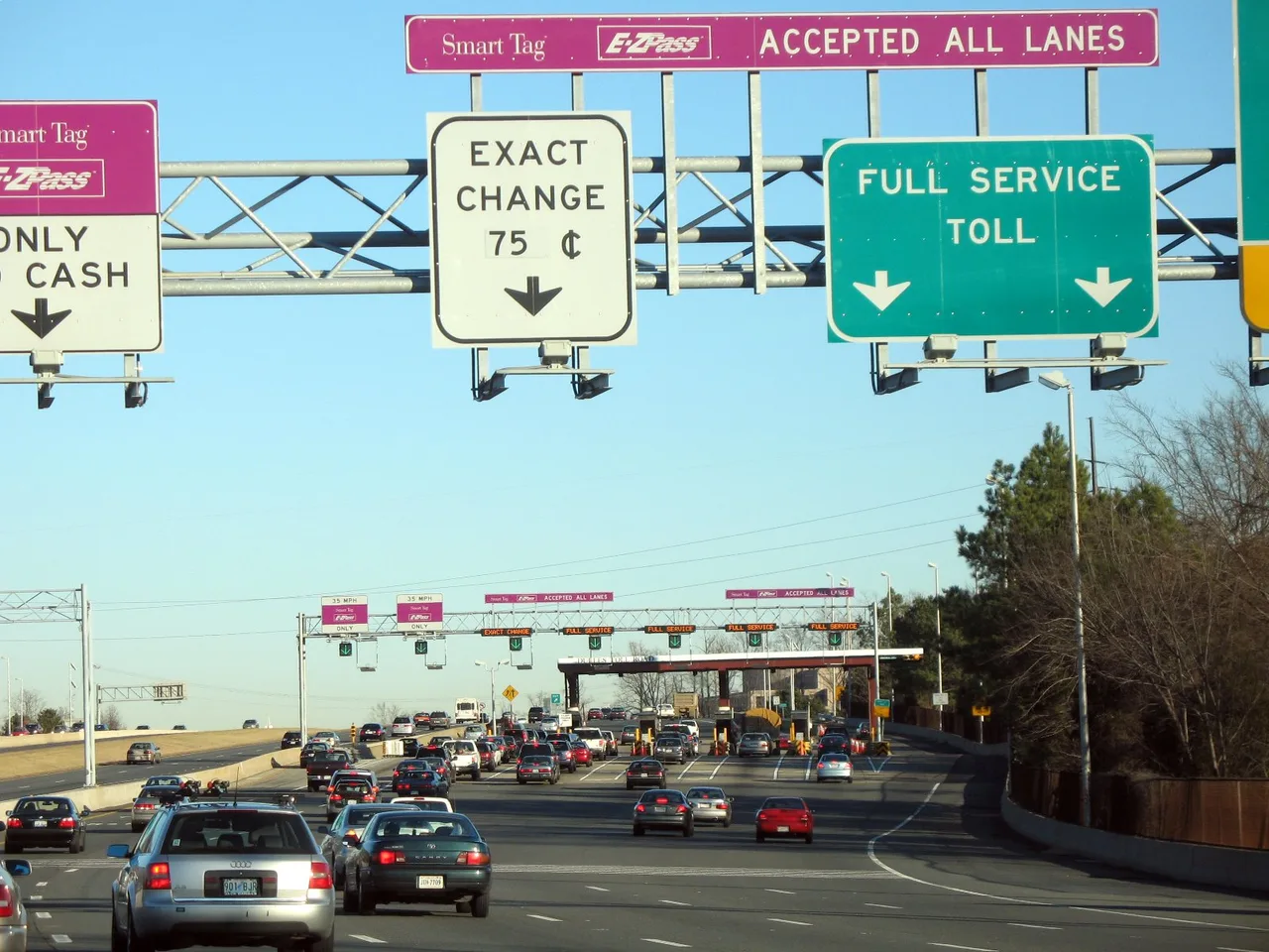 A toll plaza with overhead lanes on the Dulles Toll Road in Virginia