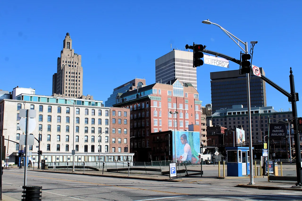 Downtown Providence skyline across the river at dusk