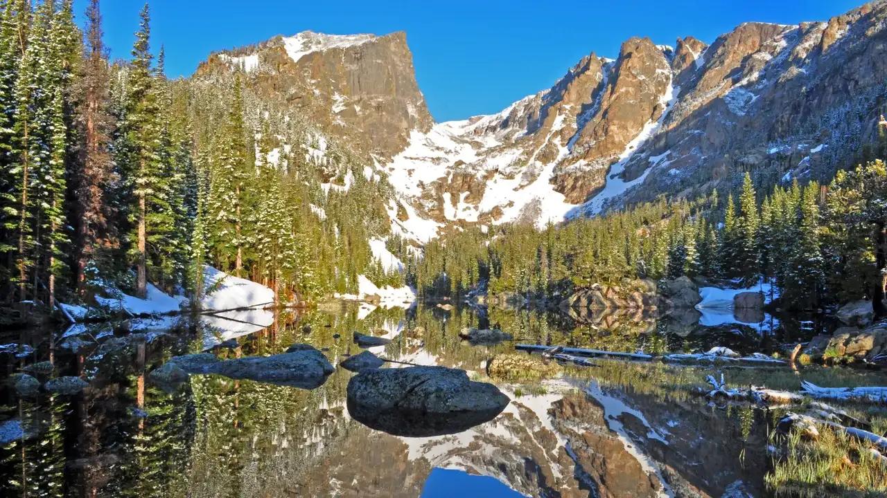 Hallett Peak reflected in Dream Lake in Rocky Mountain National Park, Colorado