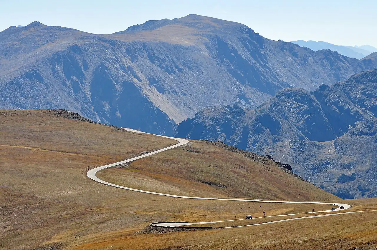 Trail Ridge Road curving across open alpine tundra in Rocky Mountain National Park