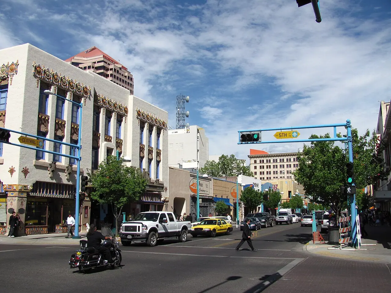 Historic Route 66 signage and old storefronts on Central Avenue in downtown Albuquerque