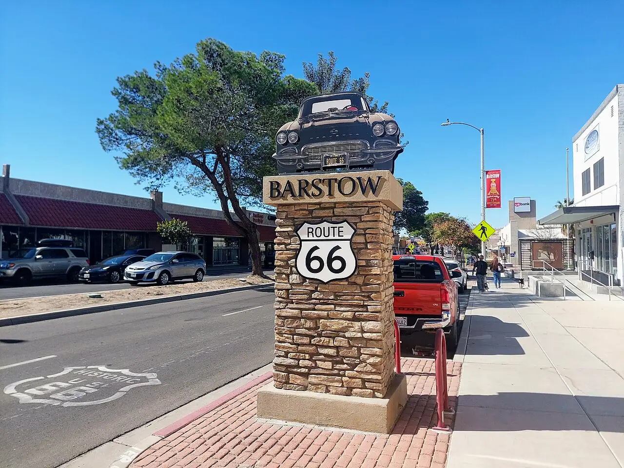 Old Route 66 storefronts and signage on Main Street in Barstow, California