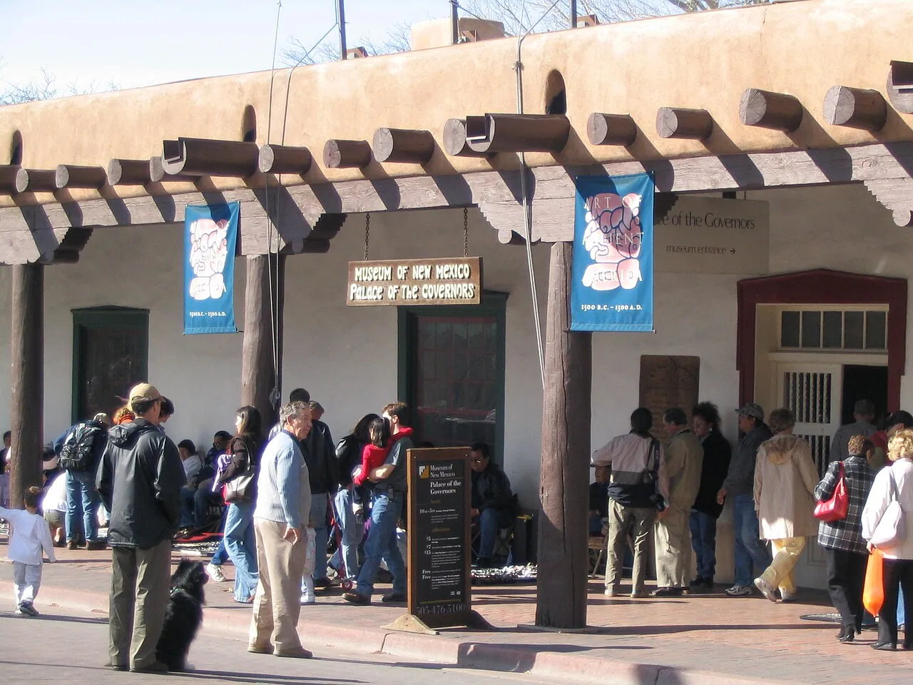 The adobe portal of the Palace of the Governors on the plaza in Santa Fe
