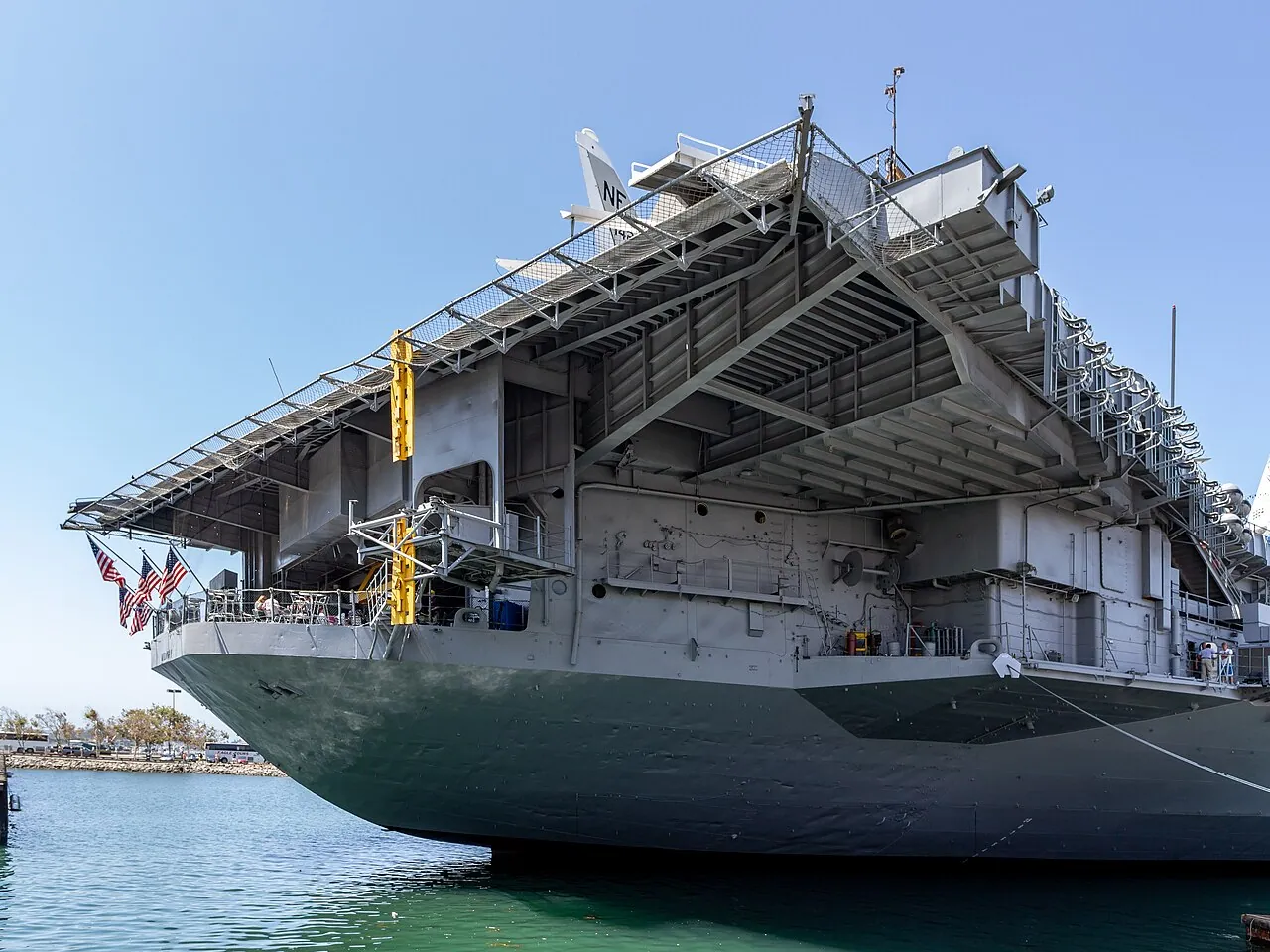 The USS Midway aircraft carrier museum moored at Navy Pier in downtown San Diego