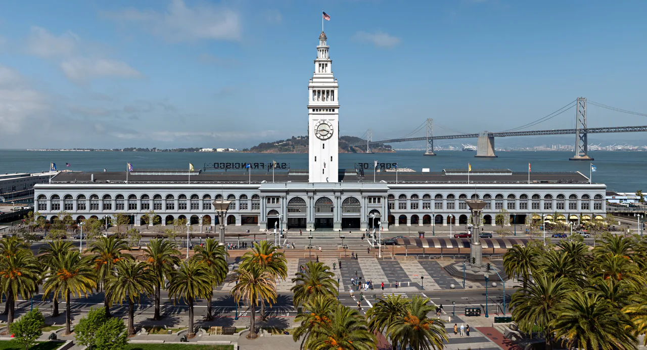 The clock tower and arcade of the San Francisco Ferry Building on the Embarcadero