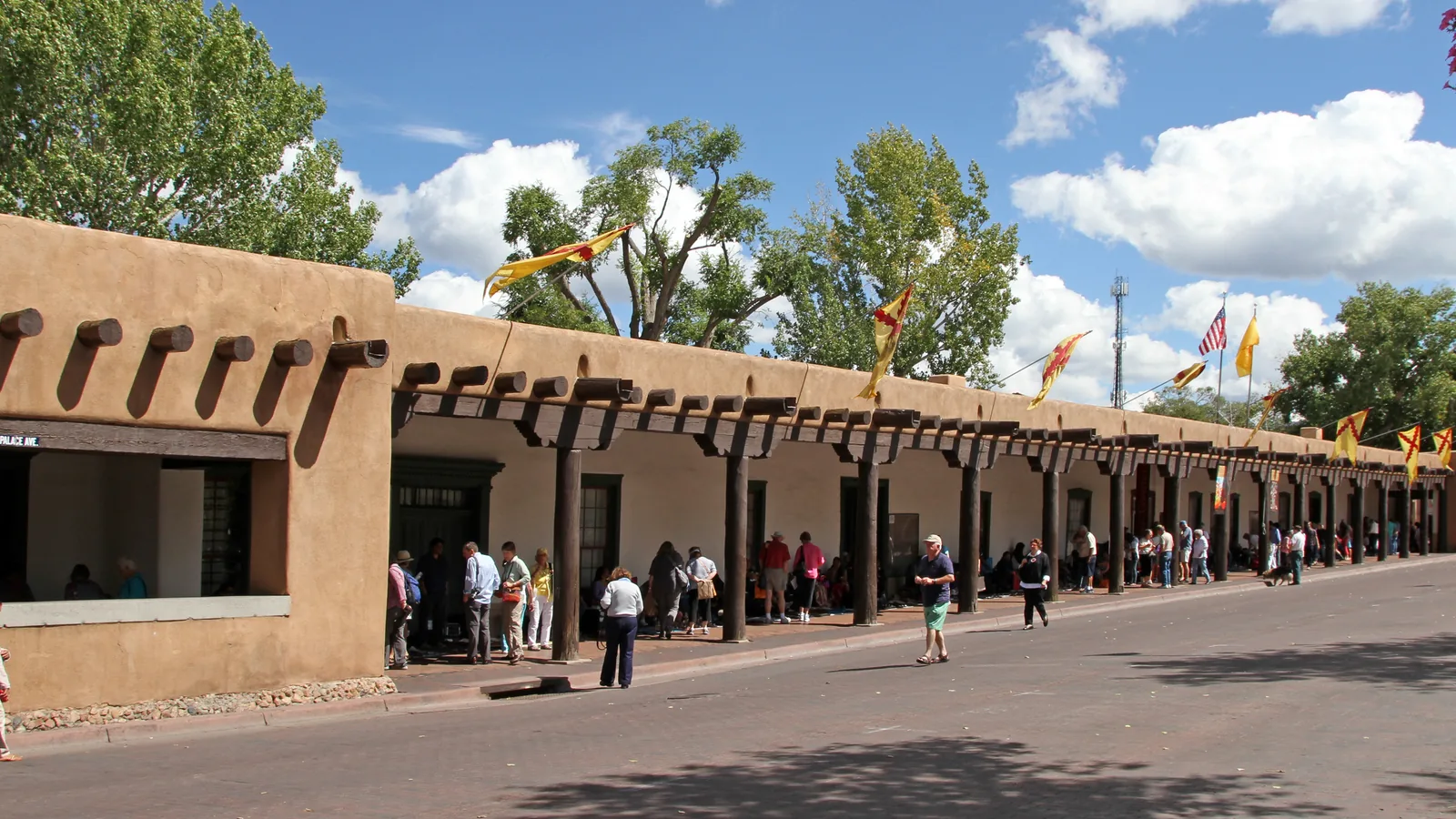 The adobe portal of the Palace of the Governors on the Santa Fe Plaza
