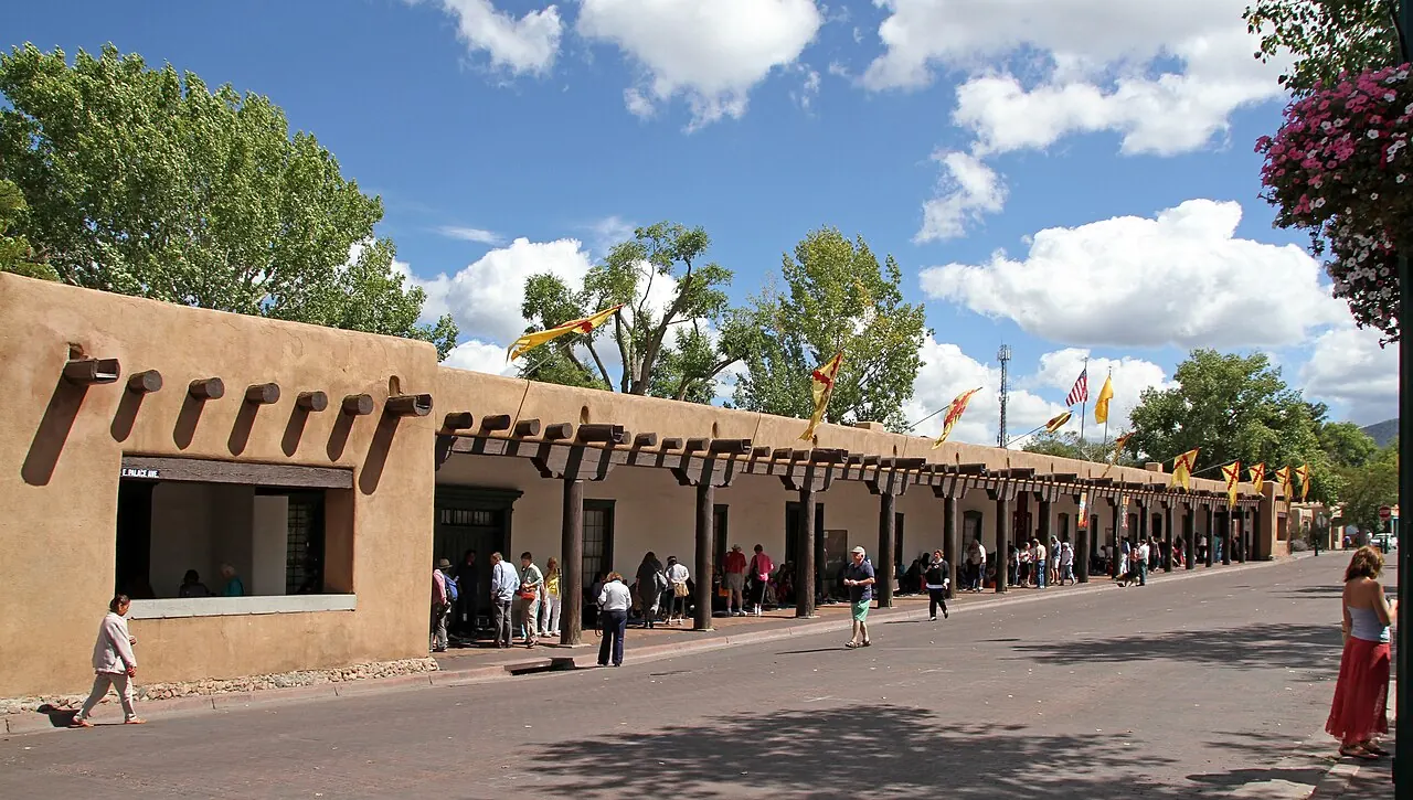 Adobe buildings and trees around the Santa Fe Plaza