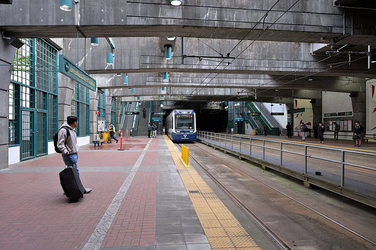A Sound Transit 1 Line light rail train arriving at International District Chinatown station in Seattle