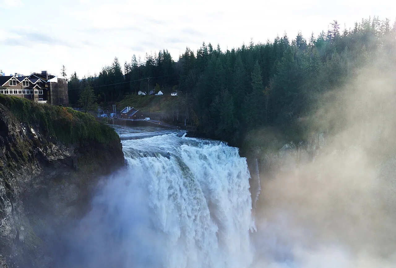 Snoqualmie Falls plunging into the gorge below the Salish Lodge east of Seattle