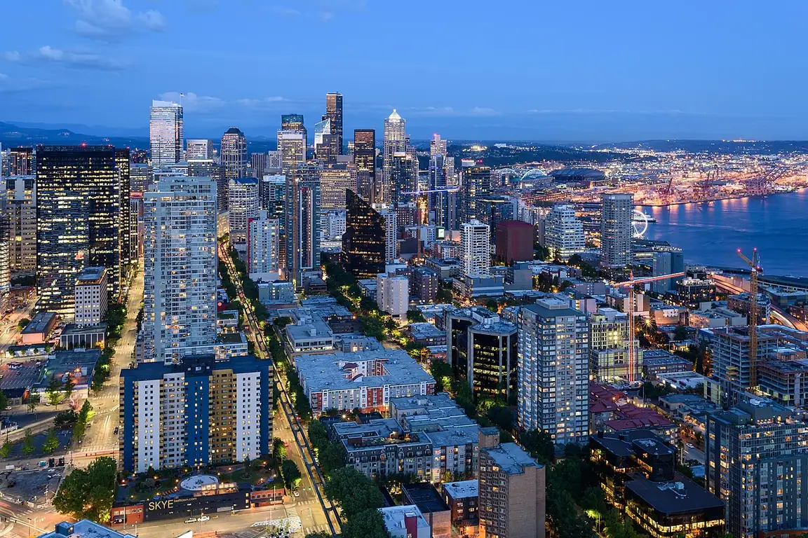 Downtown Seattle and Elliott Bay seen from the observation deck of the Space Needle