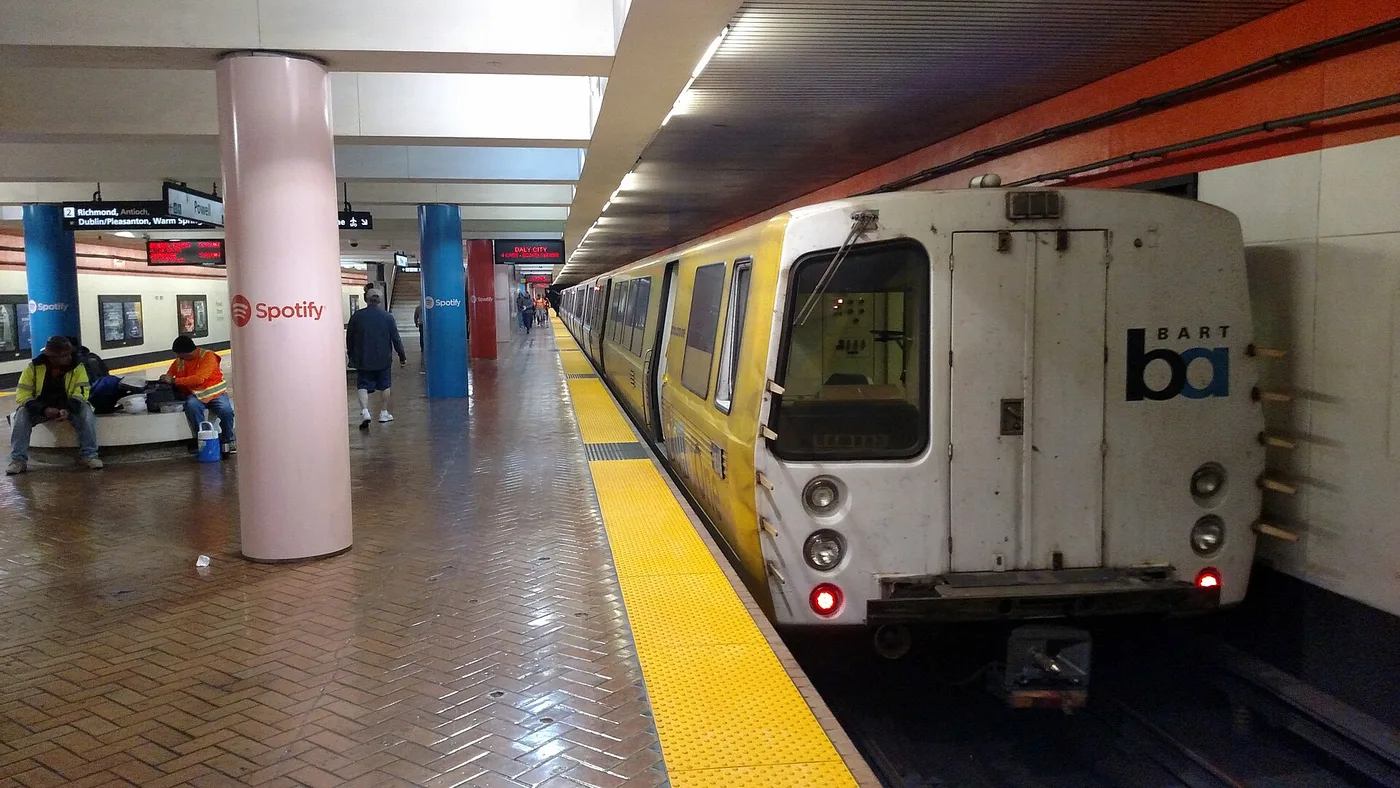 A BART train at Powell Street station platform in downtown San Francisco