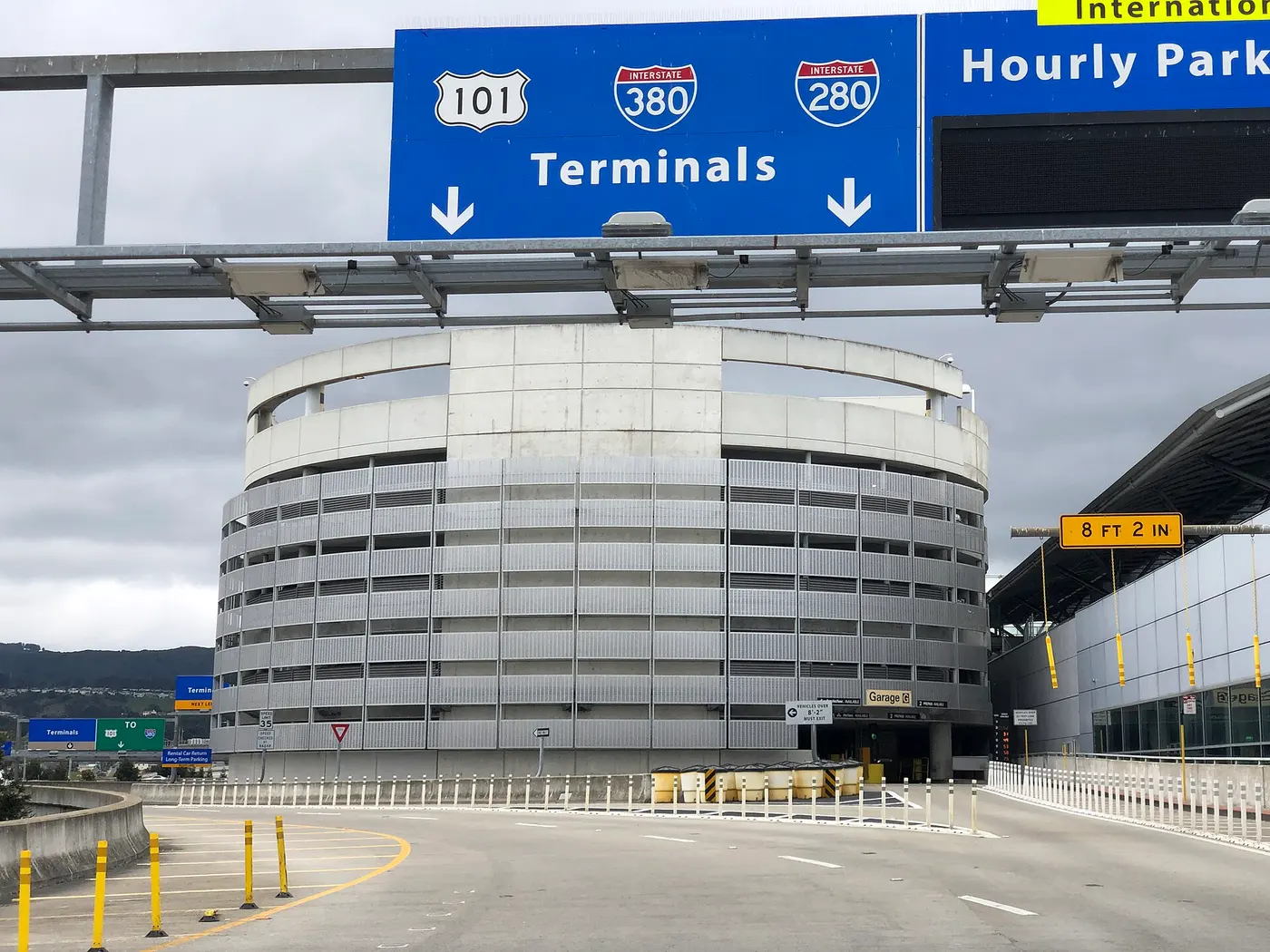 Road signage directing traffic away from the International Terminal roadway at San Francisco International Airport