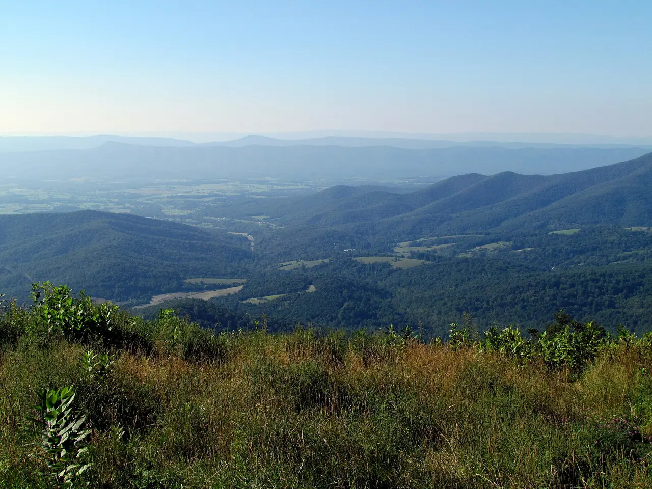 View across forested ridges from an overlook on Skyline Drive in Shenandoah National Park