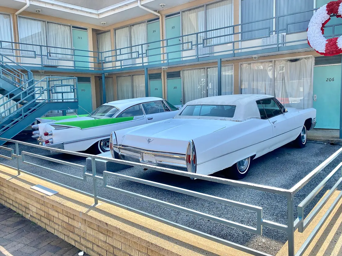 Period cars parked below the balcony of the Lorraine Motel at the National Civil Rights Museum in Memphis