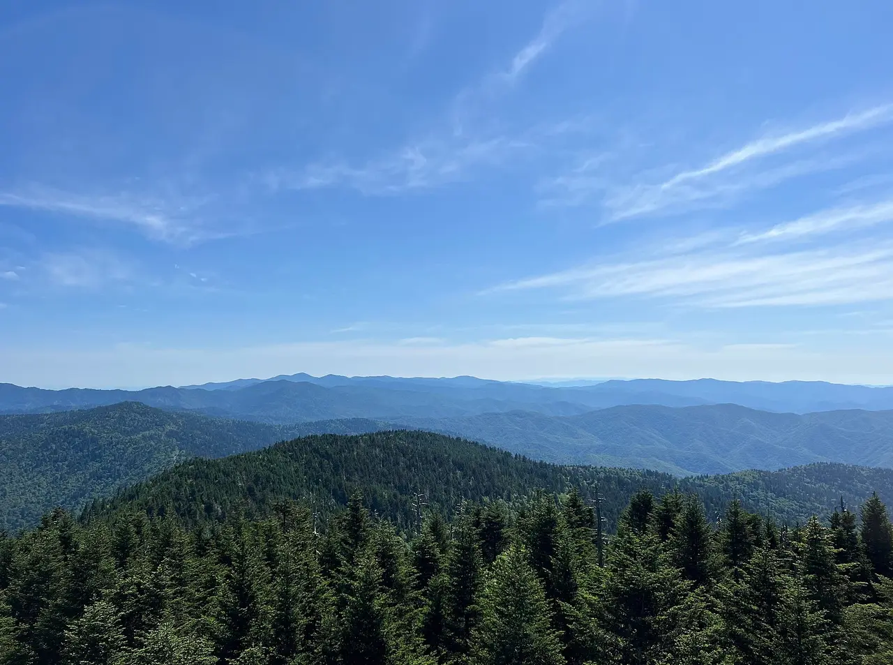 Layer after layer of forested blue ridges receding into haze in the Great Smoky Mountains