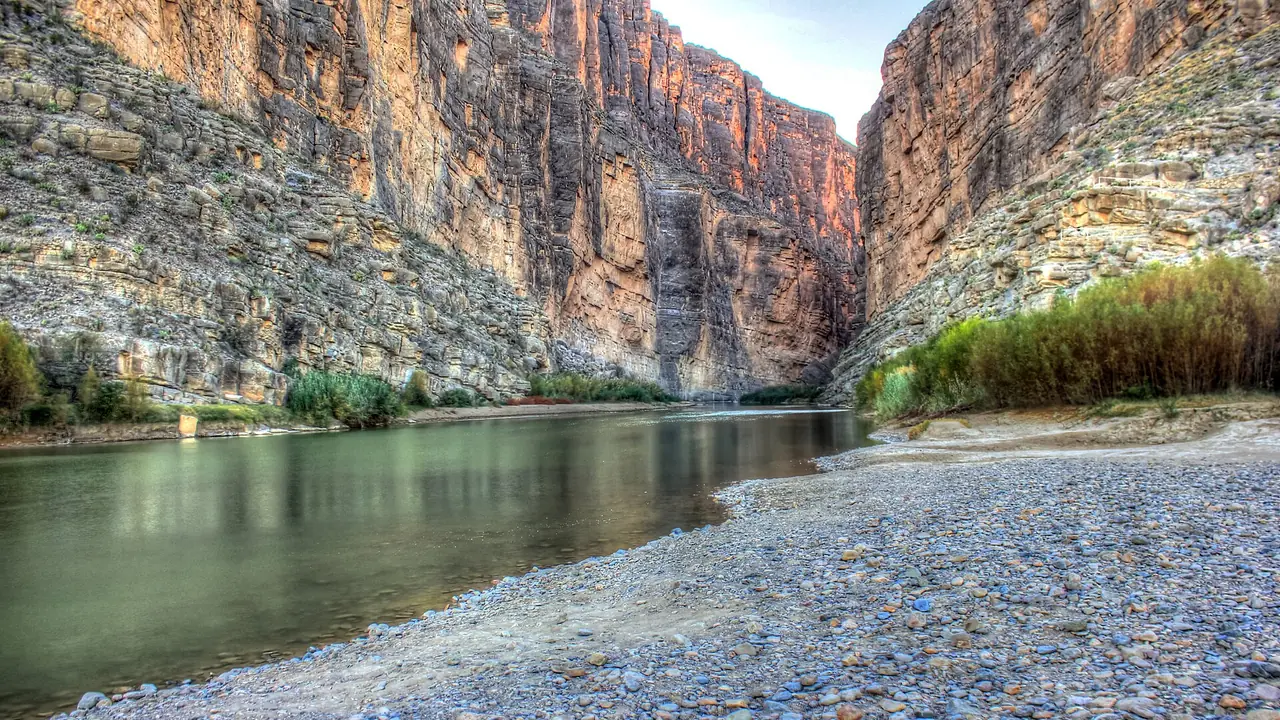 The Rio Grande flowing out of Santa Elena Canyon in Big Bend National Park, Texas