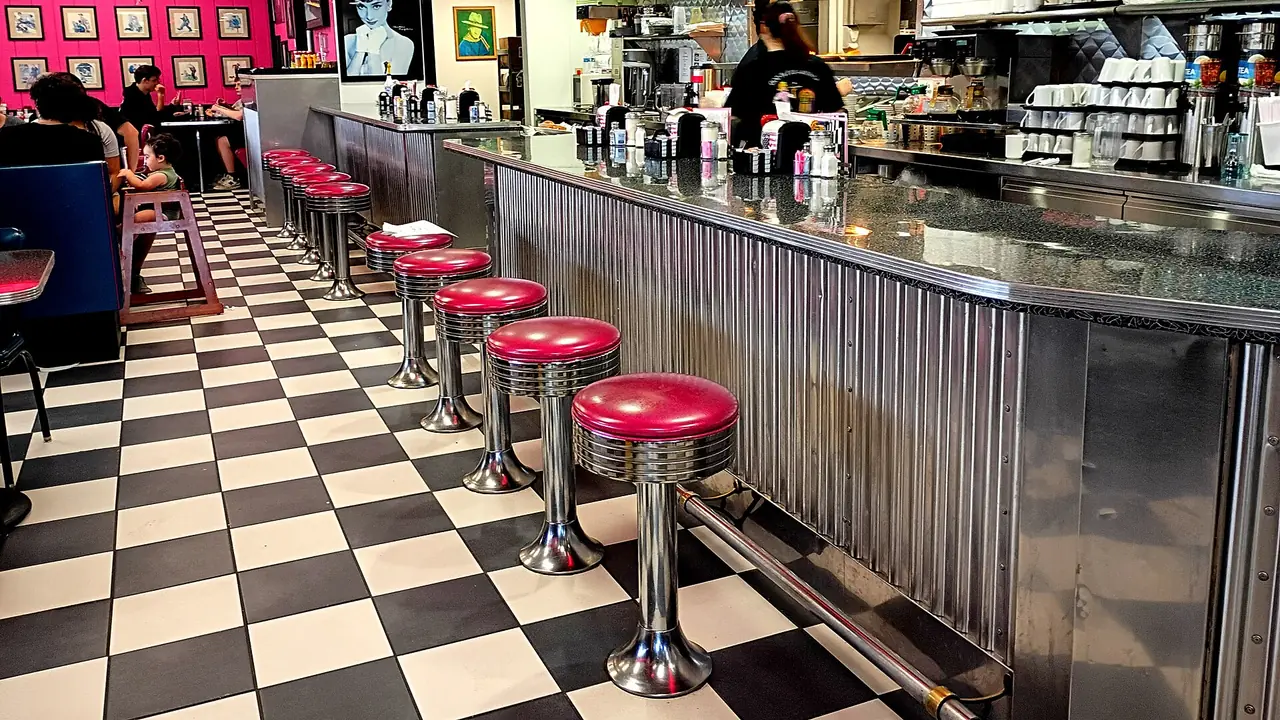 The counter and booths inside Mel Diner in Lafayette, Louisiana