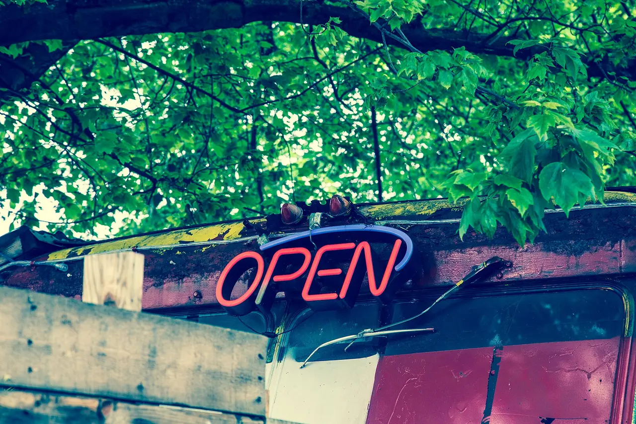 An open sign on a food truck in Portland, Oregon