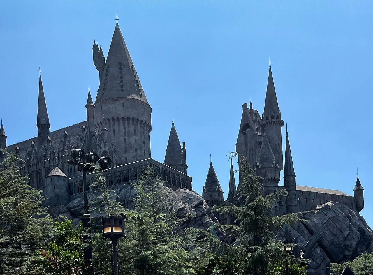 Hogwarts Castle rising above Hogsmeade at The Wizarding World of Harry Potter, Universal Studios Hollywood