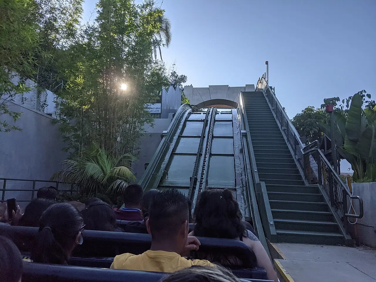 The Jurassic World ride entrance with a large dinosaur skeleton display at Universal Studios Hollywood