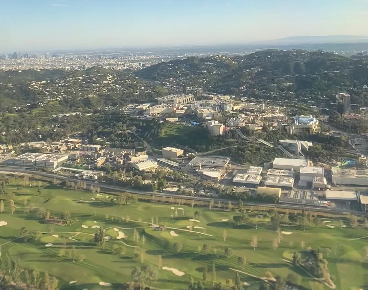 Aerial view of the Universal Studios Hollywood theme park and studio backlot