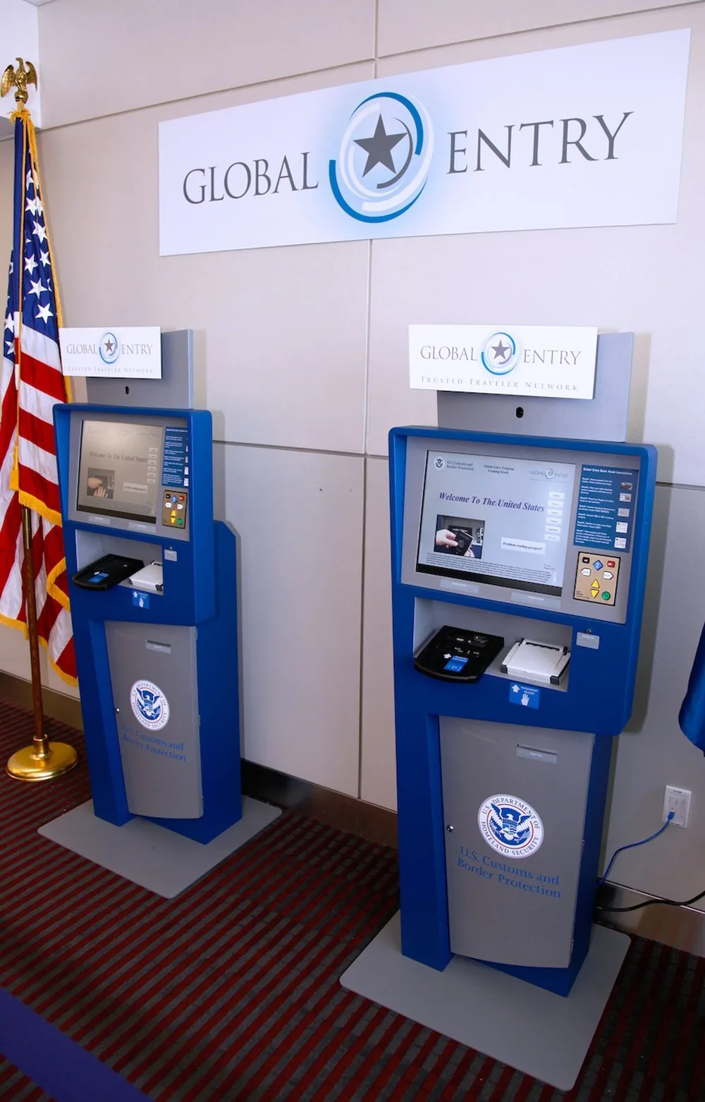 A row of arrival kiosks at Denver International Airport